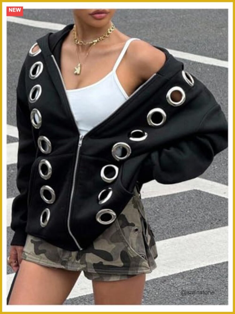 Women's Punk Zip Up Hoodie Grommet Eyelet Long Sleeve Oversized Y2K Sweatshirt - Picture 4 of 5